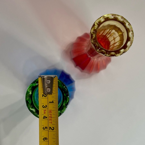 VTG Retro Jeanette Ribbed Amberina Bud Vase Green Blue  Red Yellow Ombre Set 2 - Picture 10 of 11